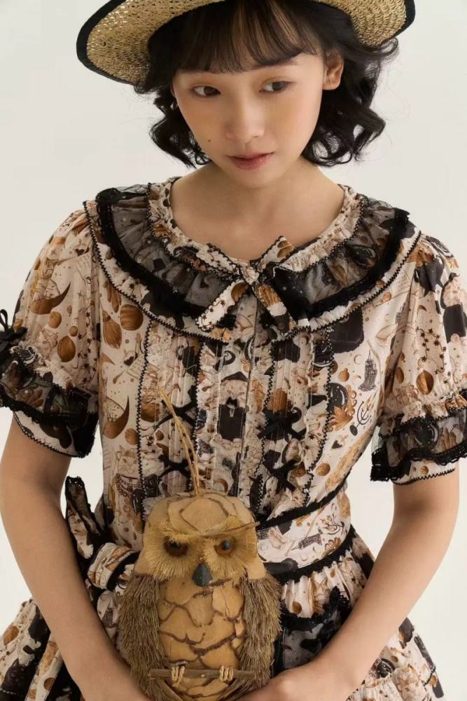 Xiao lutaohua Black Cat Magician Prints Lolita Cotton OP