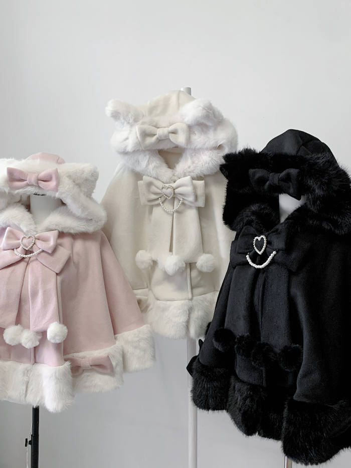 Pink Rabbit Snowball Cat Ears Hood Jirai Kei Cape 3 Colors