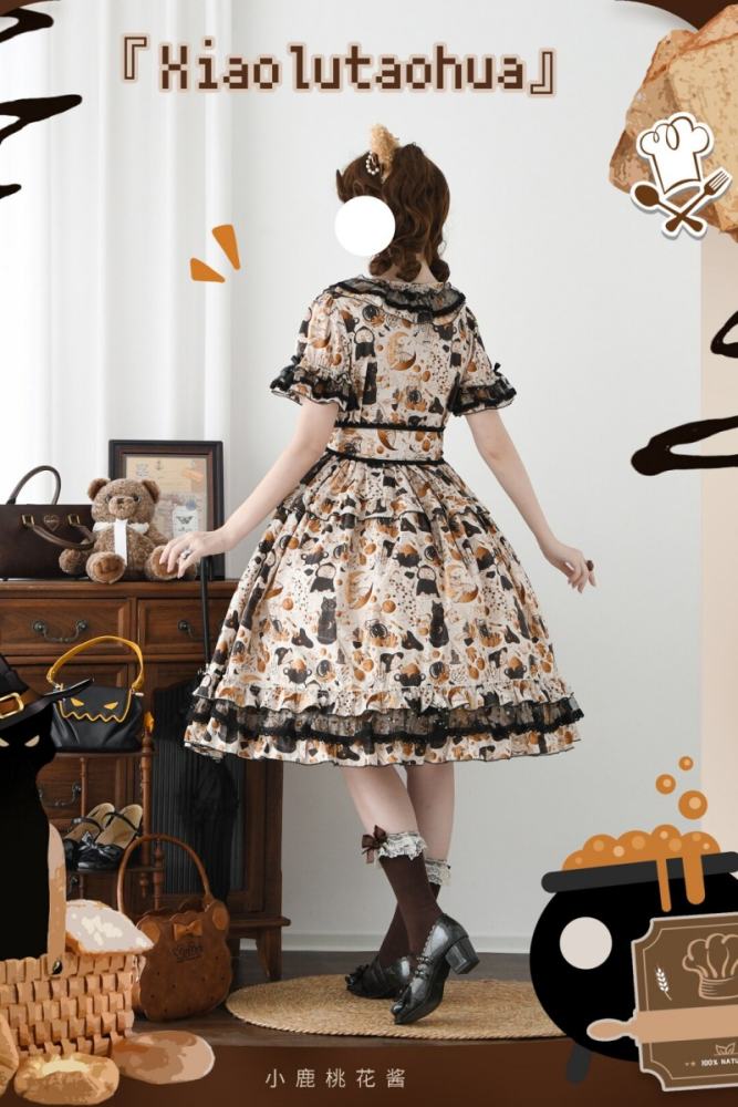 Xiao lutaohua Black Cat Magician Prints Lolita Cotton OP