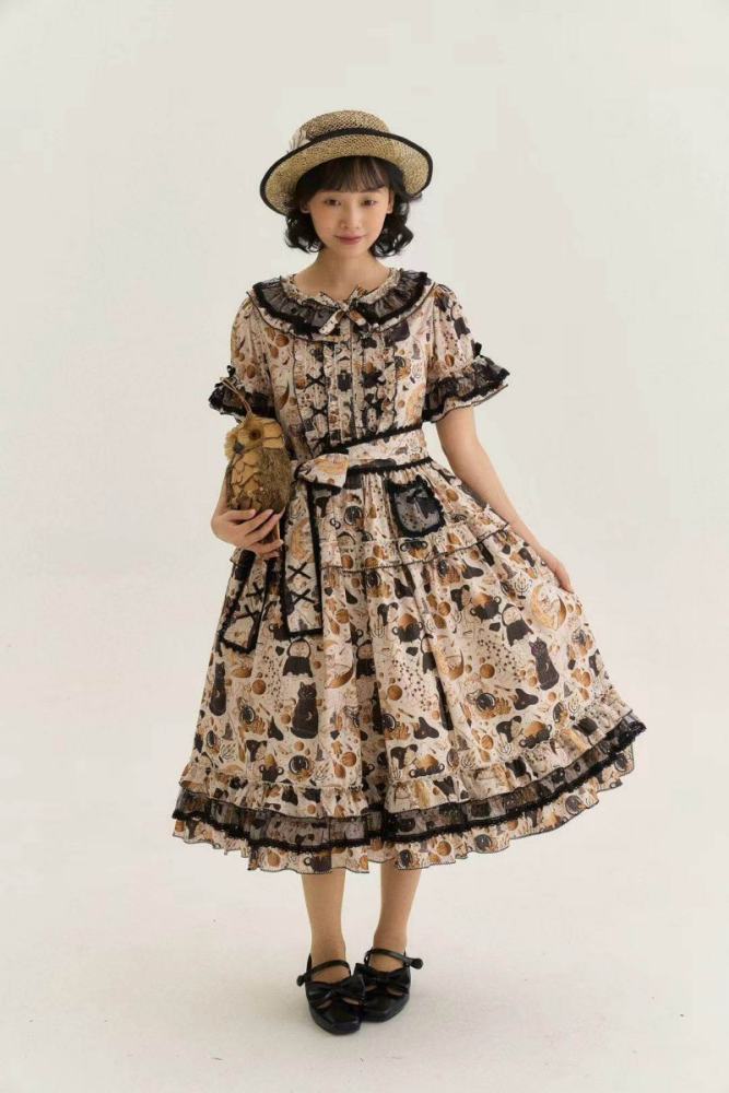 Xiao lutaohua Black Cat Magician Prints Lolita Cotton OP