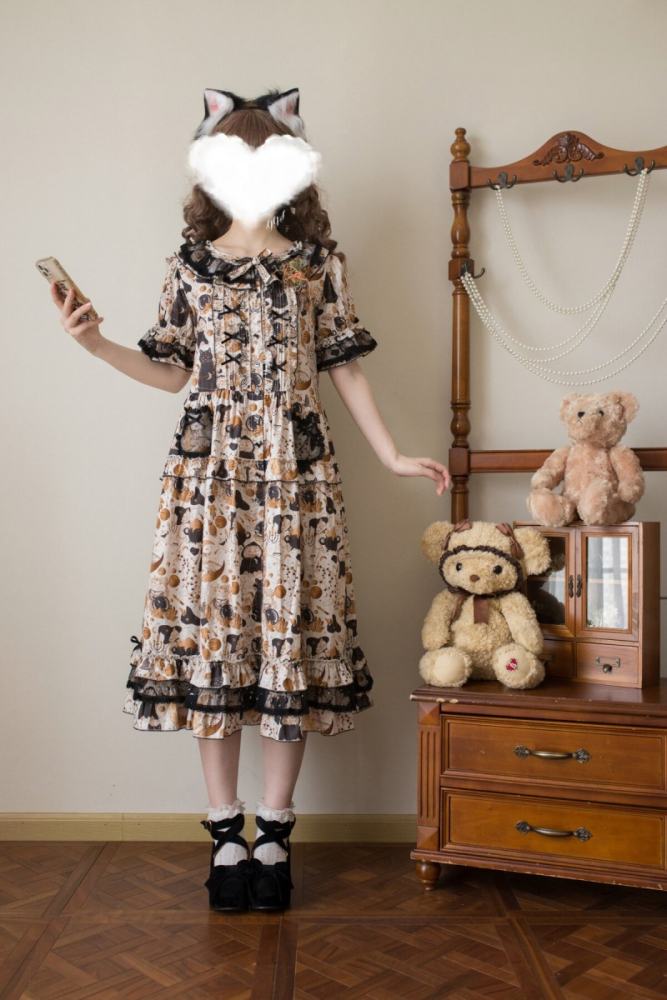 Xiao lutaohua Black Cat Magician Prints Lolita Cotton OP