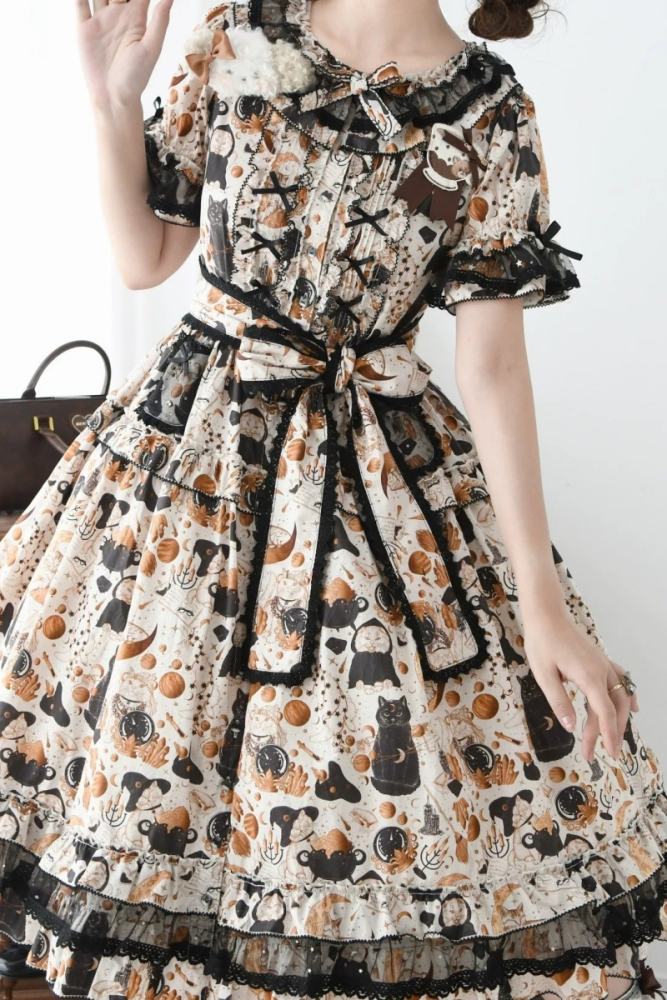 Xiao lutaohua Black Cat Magician Prints Lolita Cotton OP