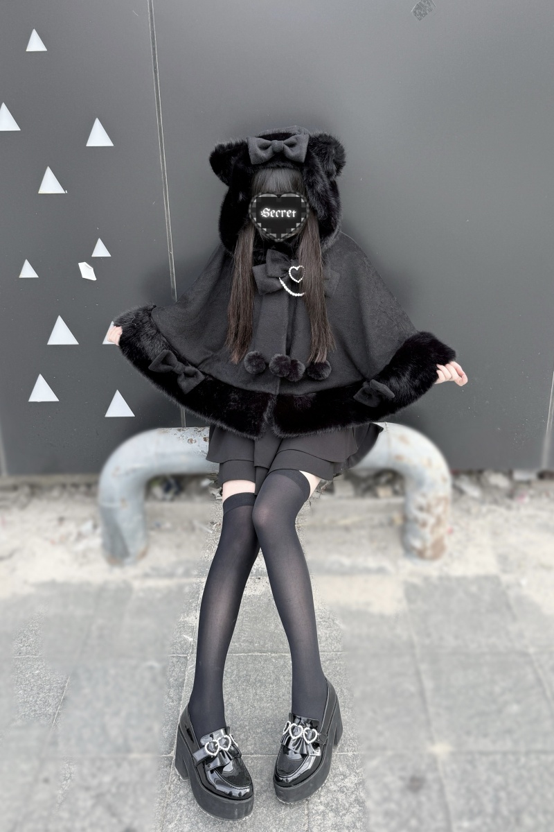 Pink Rabbit Snowball Cat Ears Hood Jirai Kei Cape 3 Colors