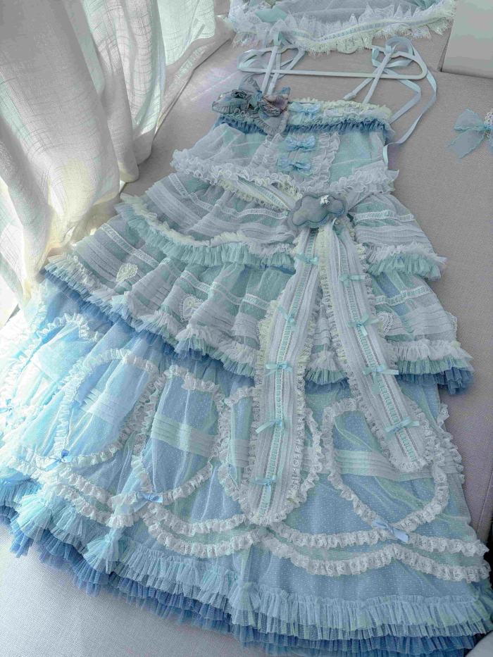 Seaside Rabbit Dot Tulle Tiered Classic Lolita JSK and Cardigan