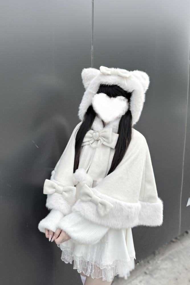 Pink Rabbit Snowball Cat Ears Hood Jirai Kei Cape 3 Colors