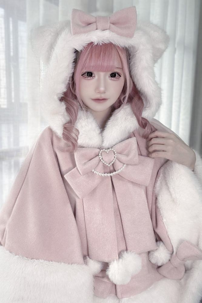Pink Rabbit Snowball Cat Ears Hood Jirai Kei Cape 3 Colors