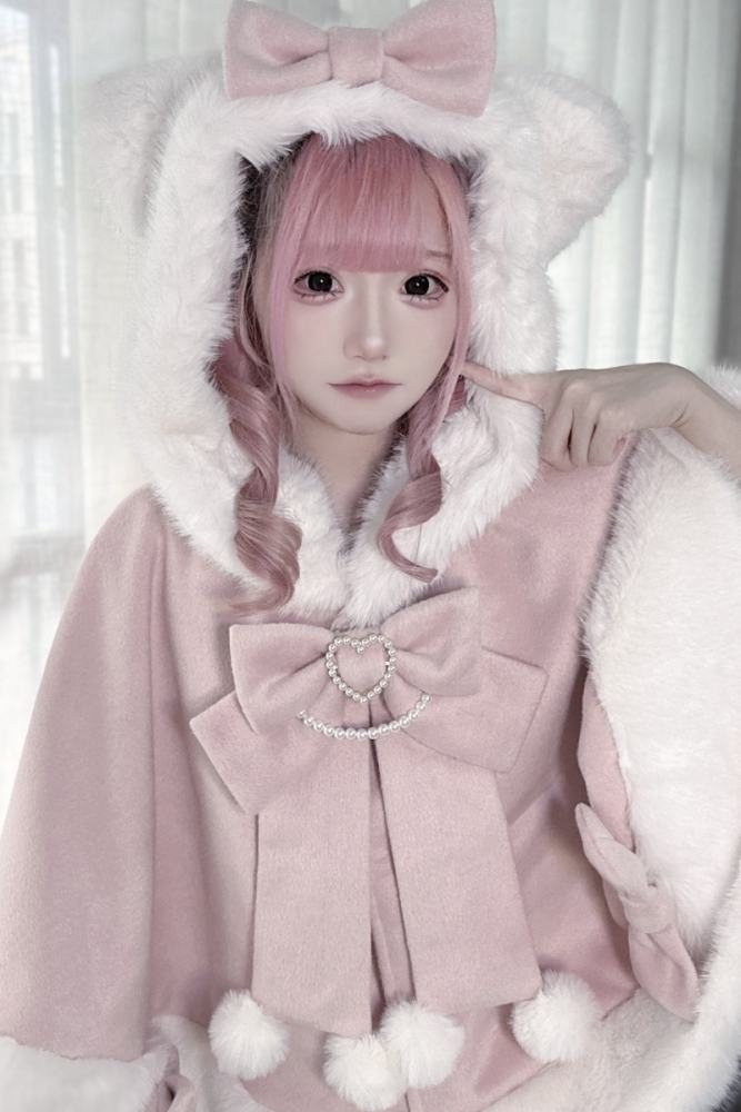Pink Rabbit Snowball Cat Ears Hood Jirai Kei Cape 3 Colors