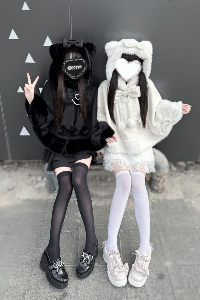Pink Rabbit Snowball Cat Ears Hood Jirai Kei Cape 3 Colors