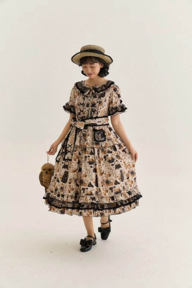 Xiao lutaohua Black Cat Magician Prints Lolita Cotton OP