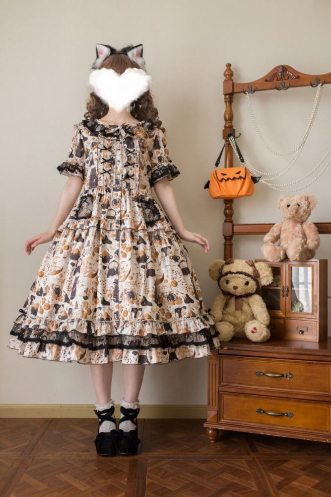 Xiao lutaohua Black Cat Magician Prints Lolita Cotton OP