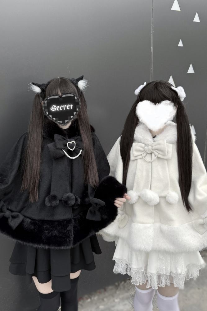 Pink Rabbit Snowball Cat Ears Hood Jirai Kei Cape 3 Colors