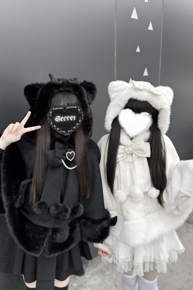 Pink Rabbit Snowball Cat Ears Hood Jirai Kei Cape 3 Colors