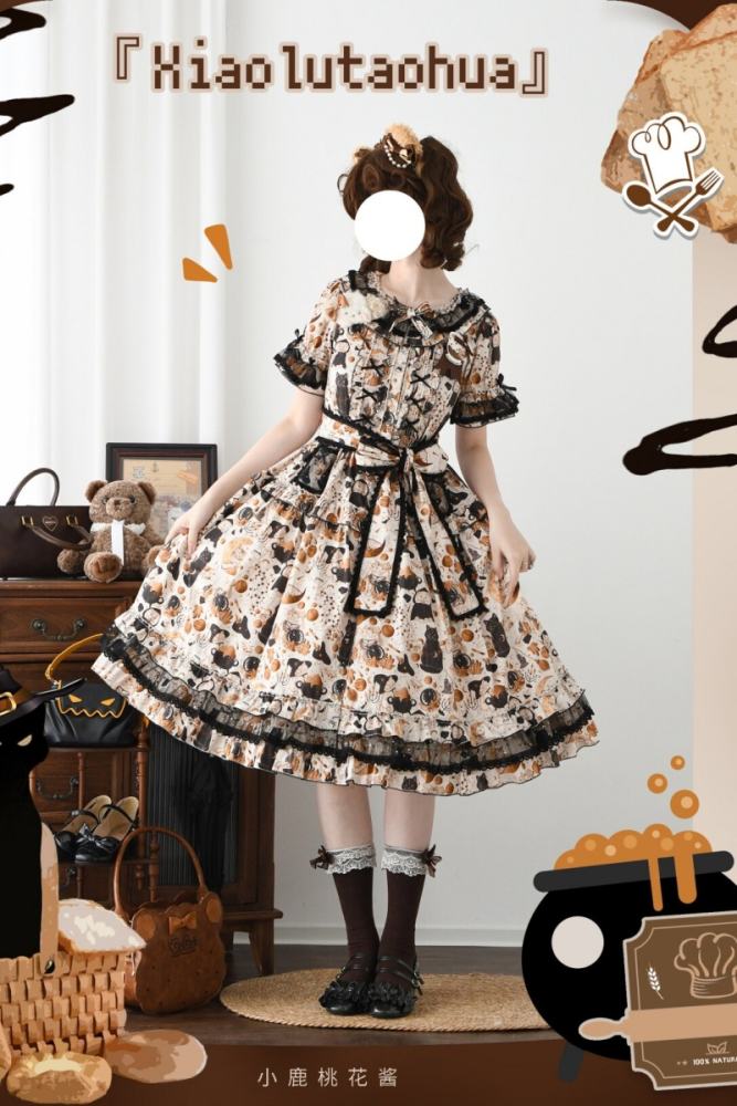 Xiao lutaohua Black Cat Magician Prints Lolita Cotton OP