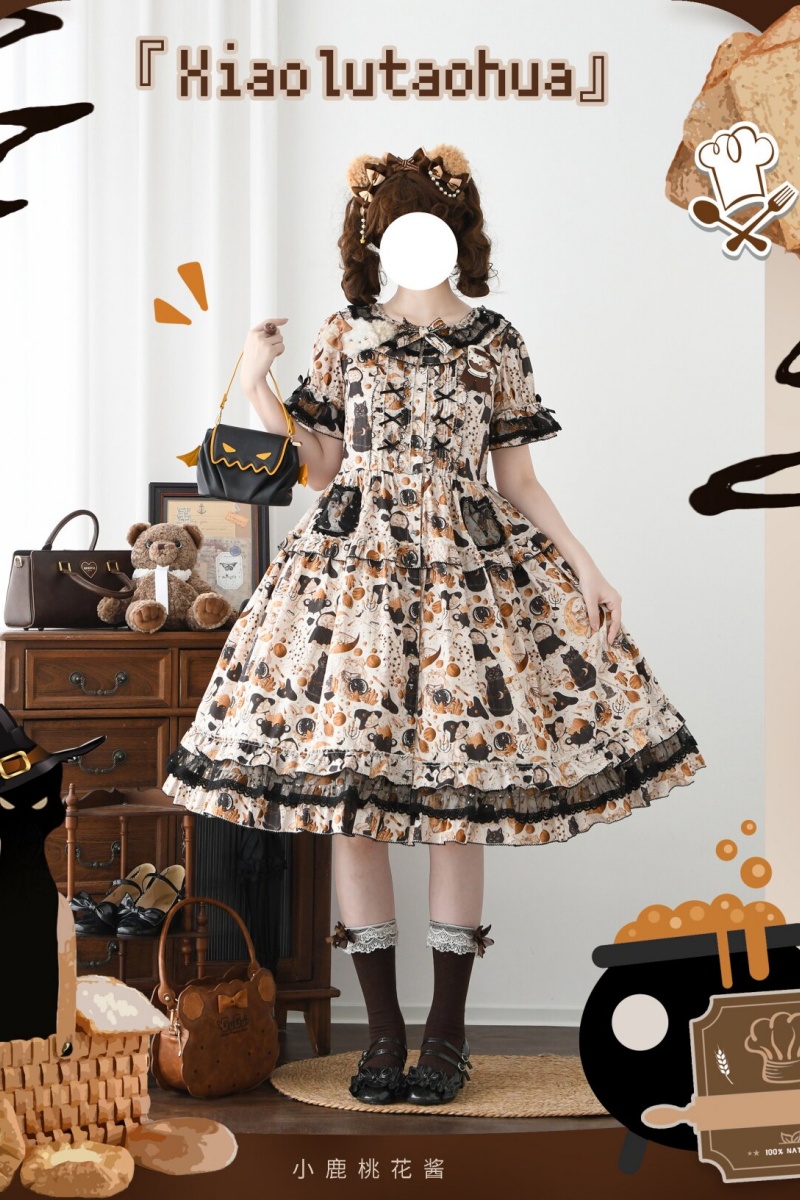 Xiao lutaohua Black Cat Magician Prints Lolita Cotton OP