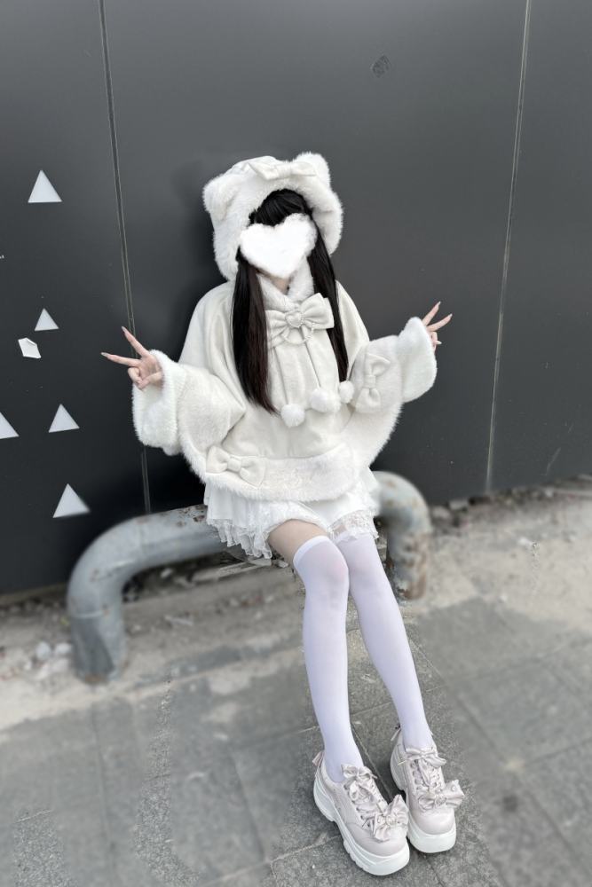 Pink Rabbit Snowball Cat Ears Hood Jirai Kei Cape 3 Colors