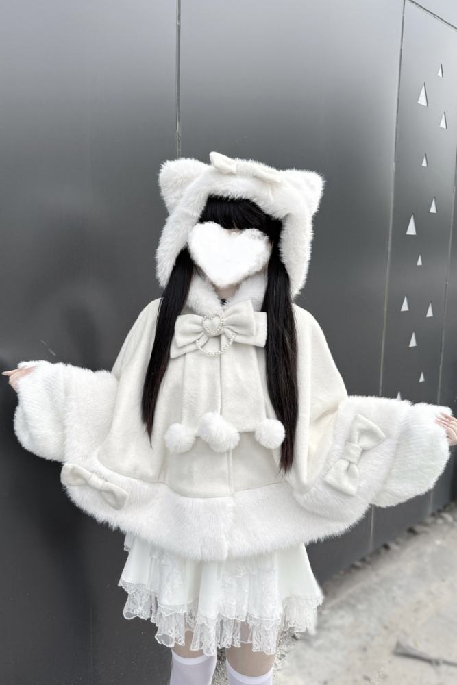 Pink Rabbit Snowball Cat Ears Hood Jirai Kei Cape 3 Colors