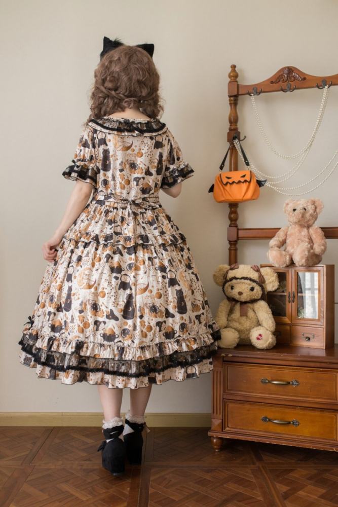 Xiao lutaohua Black Cat Magician Prints Lolita Cotton OP