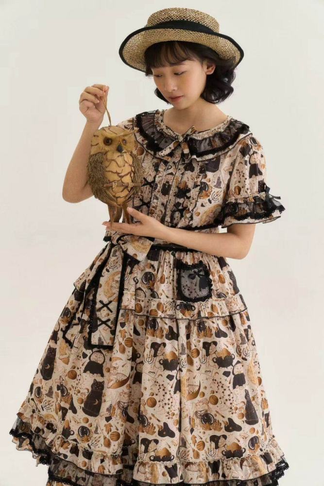 Xiao lutaohua Black Cat Magician Prints Lolita Cotton OP