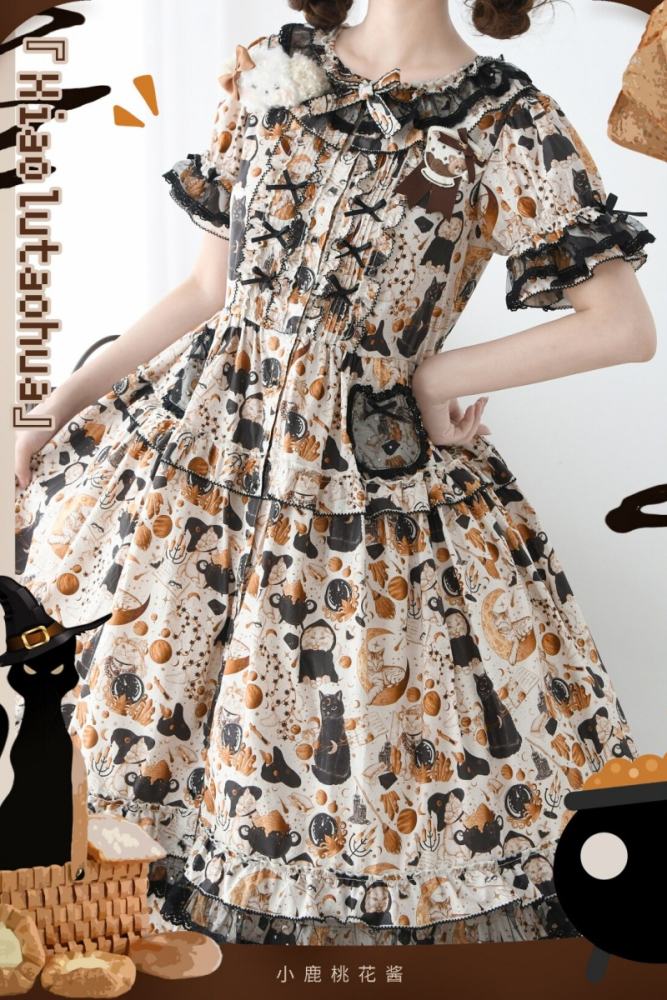 Xiao lutaohua Black Cat Magician Prints Lolita Cotton OP