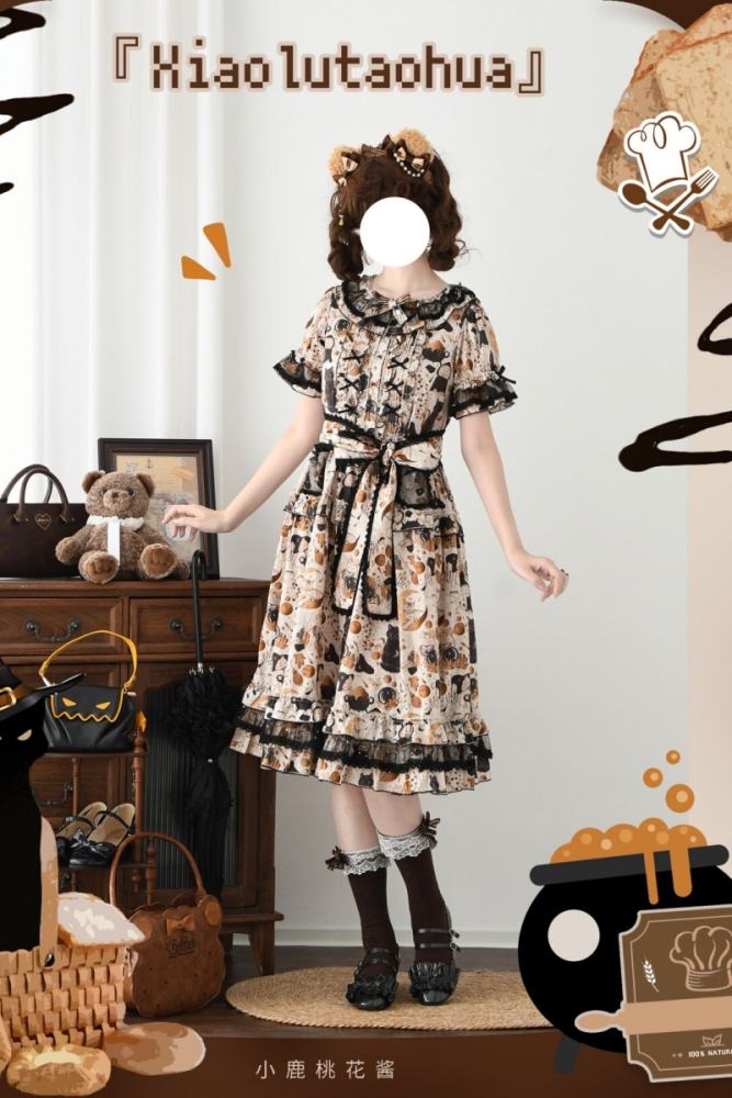 Xiao lutaohua Black Cat Magician Prints Lolita Cotton OP