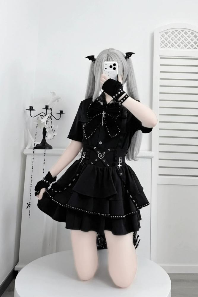 Angel Share Punk Embroidered Blouse and High-Waisted Skirt