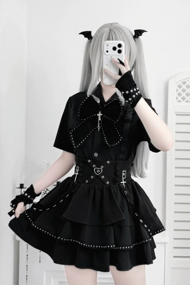 Angel Share Punk Embroidered Blouse and High-Waisted Skirt