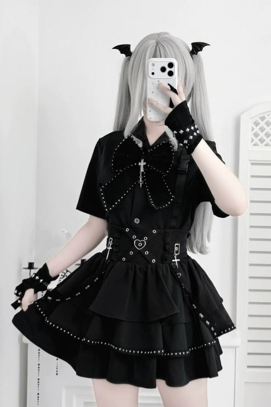 Angel Share Punk Embroidered Blouse and High-Waisted Skirt