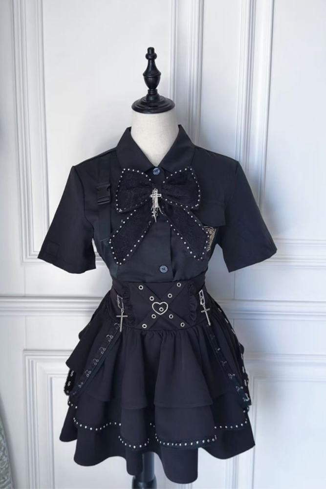 Angel Share Punk Embroidered Blouse and High-Waisted Skirt