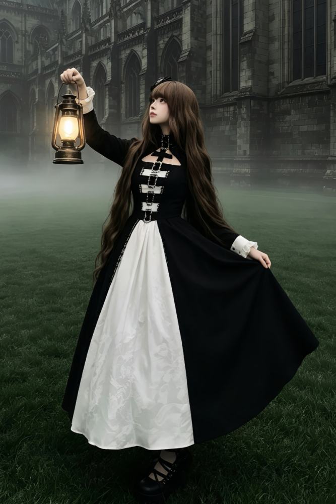 Withpuji Color Blocking Goth Lolita OP Hat and Petticoat