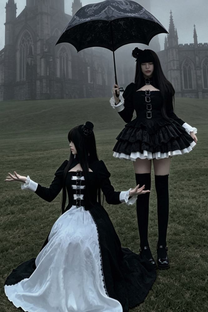 Withpuji Color Blocking Goth Lolita OP Hat and Petticoat