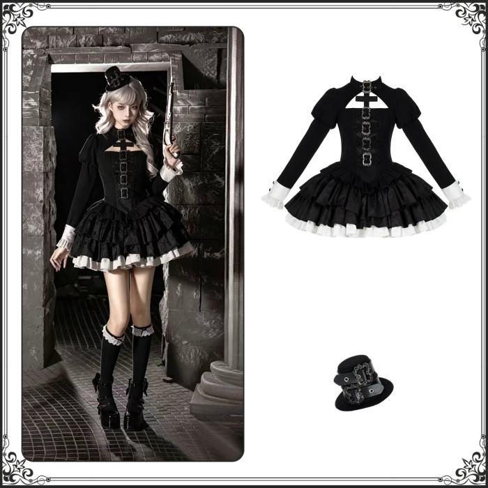 Withpuji Color Blocking Goth Lolita OP Hat and Petticoat