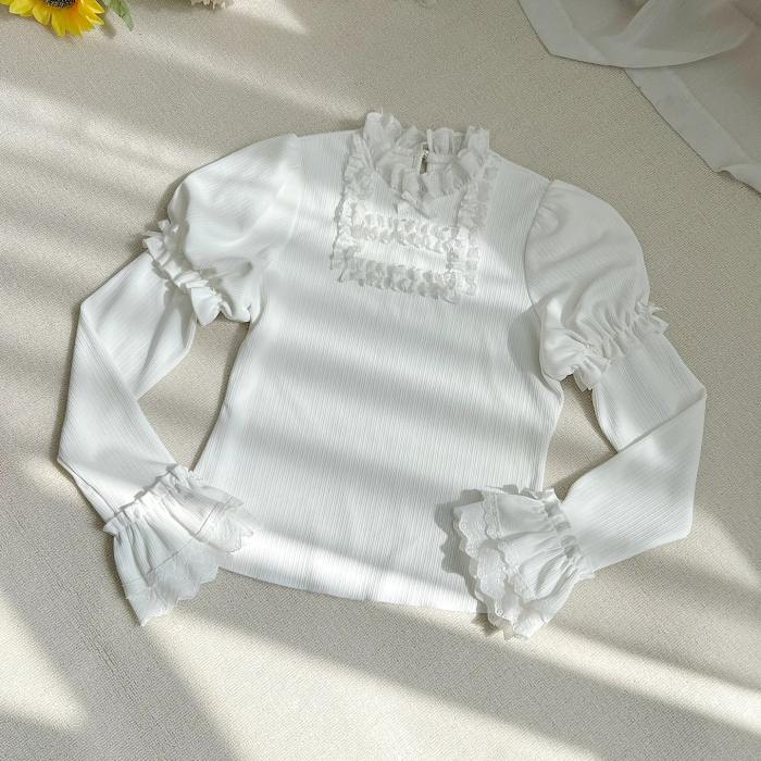 Withpuji Elegant Ruffled Knitted Long Sleeves Top