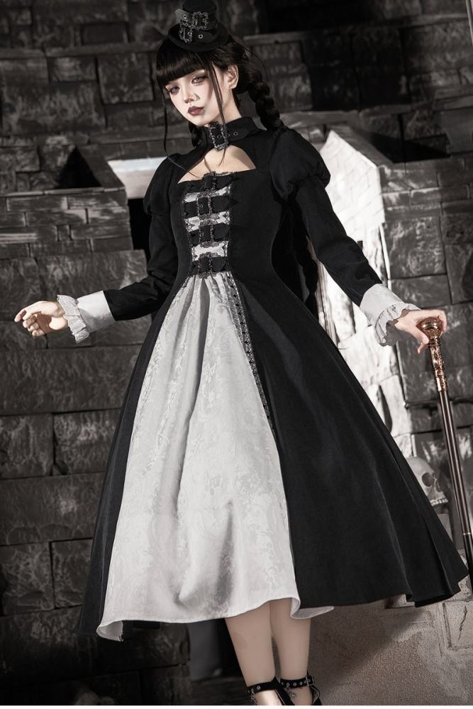 Withpuji Color Blocking Goth Lolita OP Hat and Petticoat