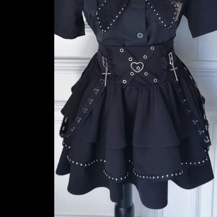 Angel Share Punk Embroidered Blouse and High-Waisted Skirt