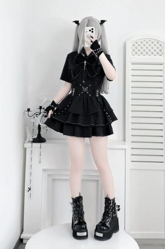 Angel Share Punk Embroidered Blouse and High-Waisted Skirt