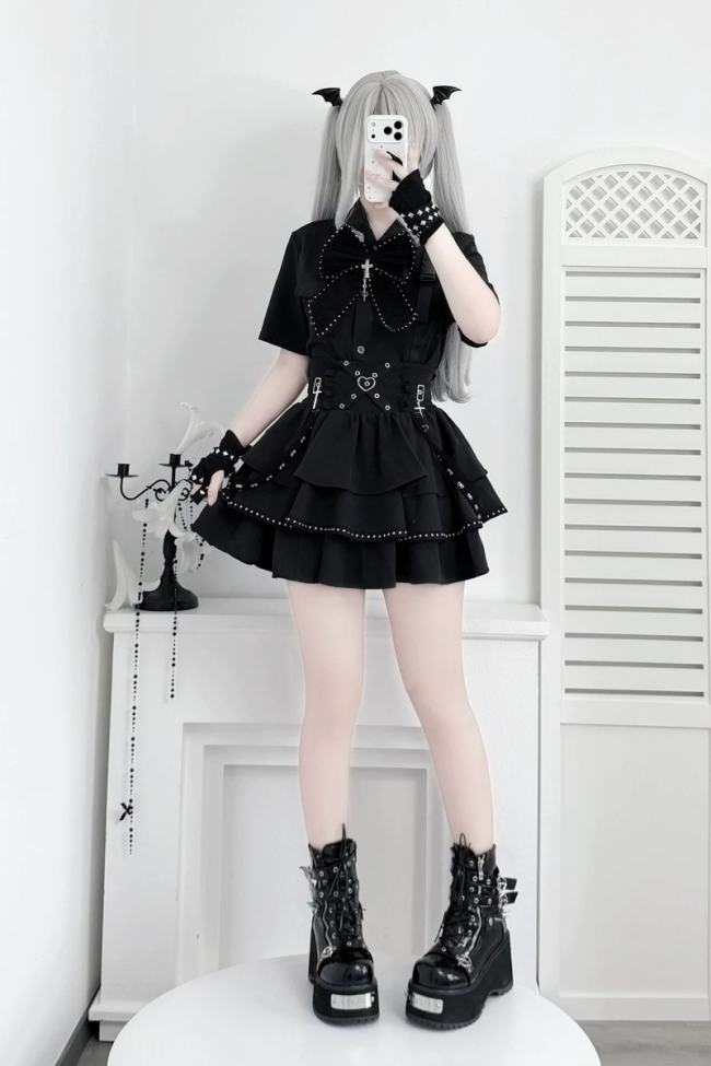 Angel Share Punk Embroidered Blouse and High-Waisted Skirt