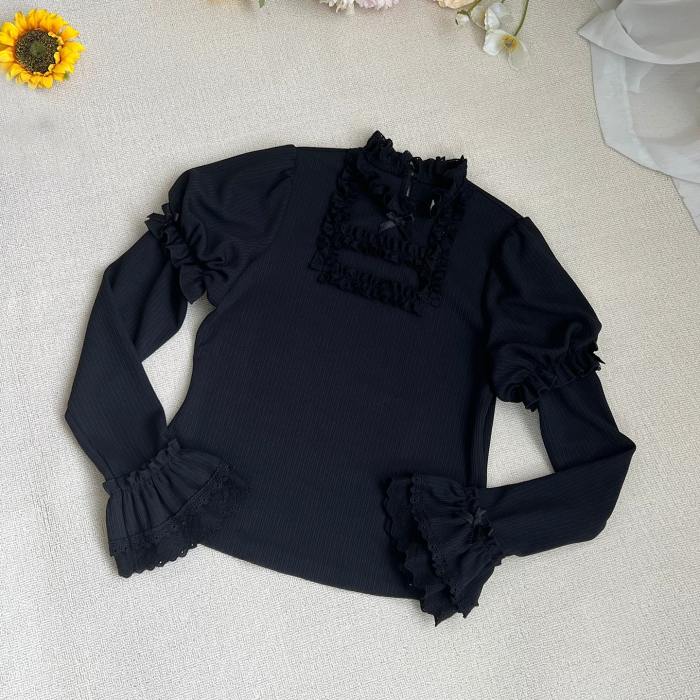 Withpuji Elegant Ruffled Knitted Long Sleeves Top