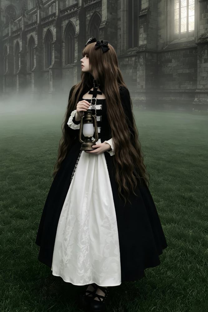 Withpuji Color Blocking Goth Lolita OP Hat and Petticoat
