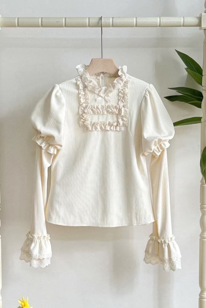 Withpuji Elegant Ruffled Knitted Long Sleeves Top
