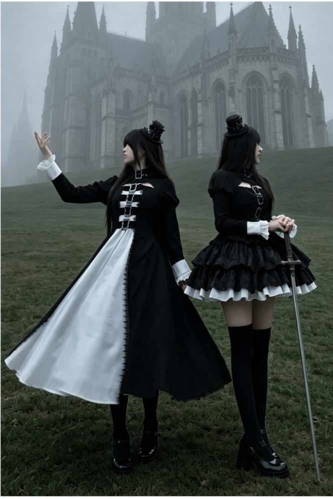 Withpuji Color Blocking Goth Lolita OP Hat and Petticoat