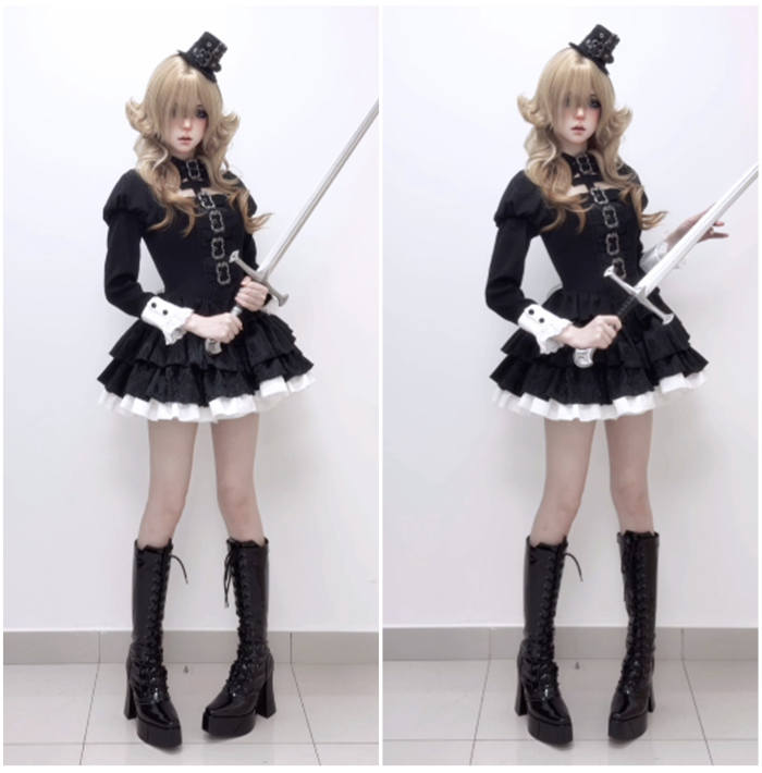 Withpuji Color Blocking Goth Lolita OP Hat and Petticoat