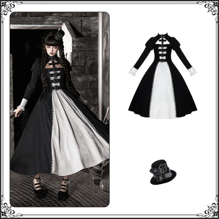 Withpuji Color Blocking Goth Lolita OP Hat and Petticoat