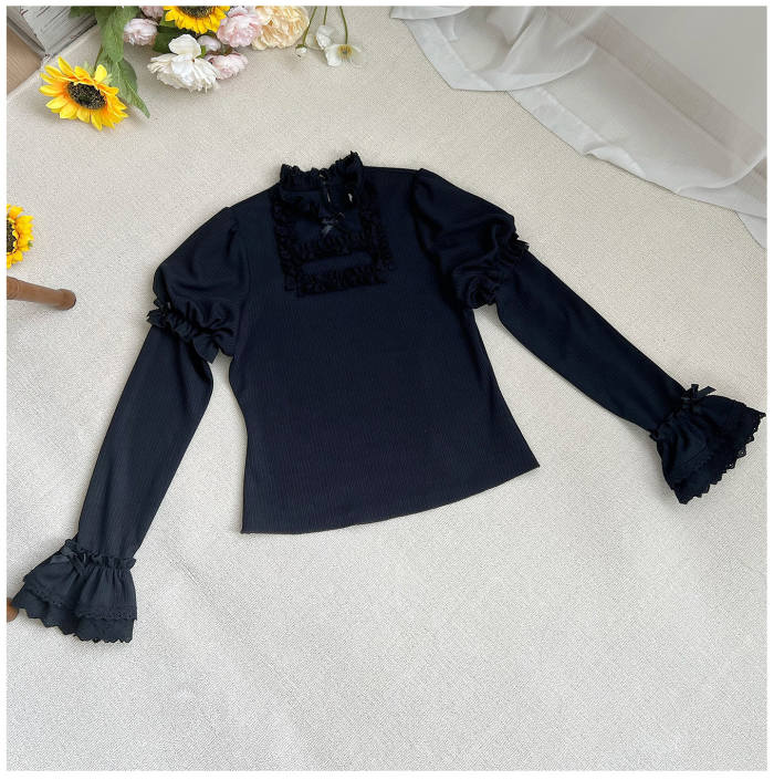 Withpuji Elegant Ruffled Knitted Long Sleeves Top