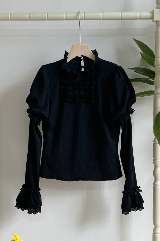 Withpuji Elegant Ruffled Knitted Long Sleeves Top