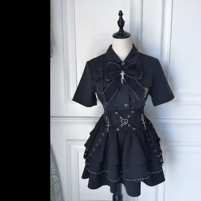 Angel Share Punk Embroidered Blouse and High-Waisted Skirt