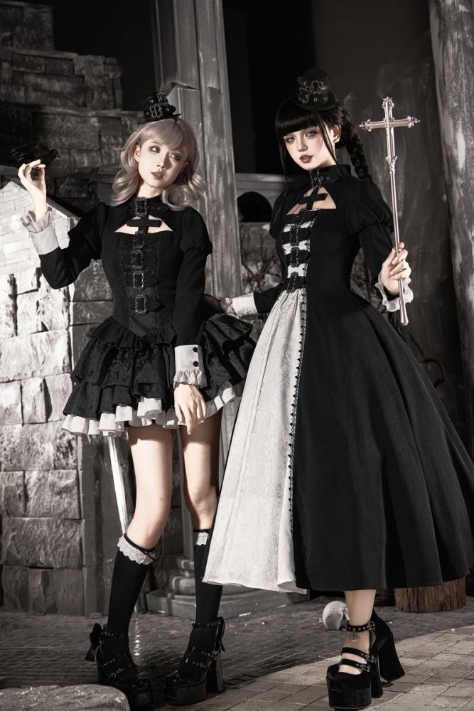 Withpuji Color Blocking Goth Lolita OP Hat and Petticoat