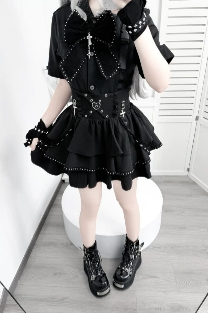 Angel Share Punk Embroidered Blouse and High-Waisted Skirt