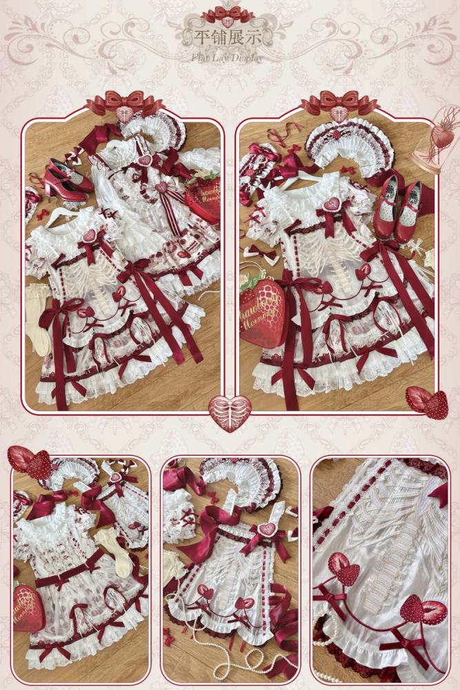 Strawberry Heart Bone Sweet Doll Prints Lolita OP and JSK