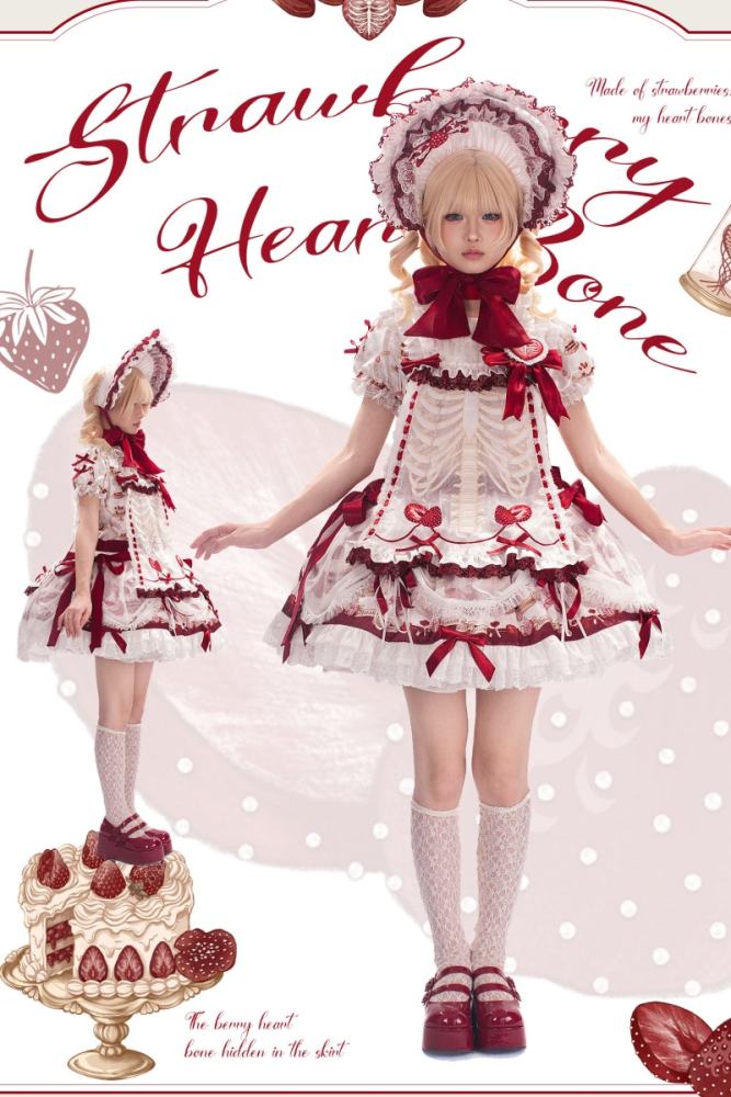 Strawberry Heart Bone Sweet Doll Prints Lolita OP and JSK