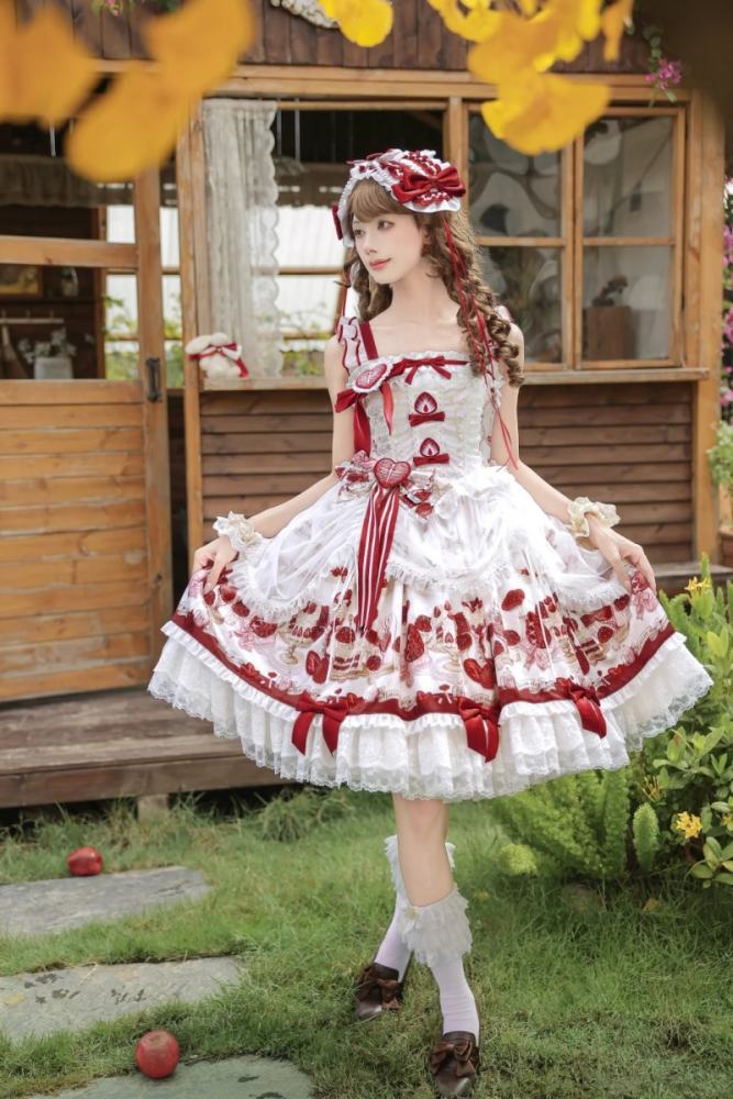 Strawberry Heart Bone Sweet Doll Prints Lolita OP and JSK
